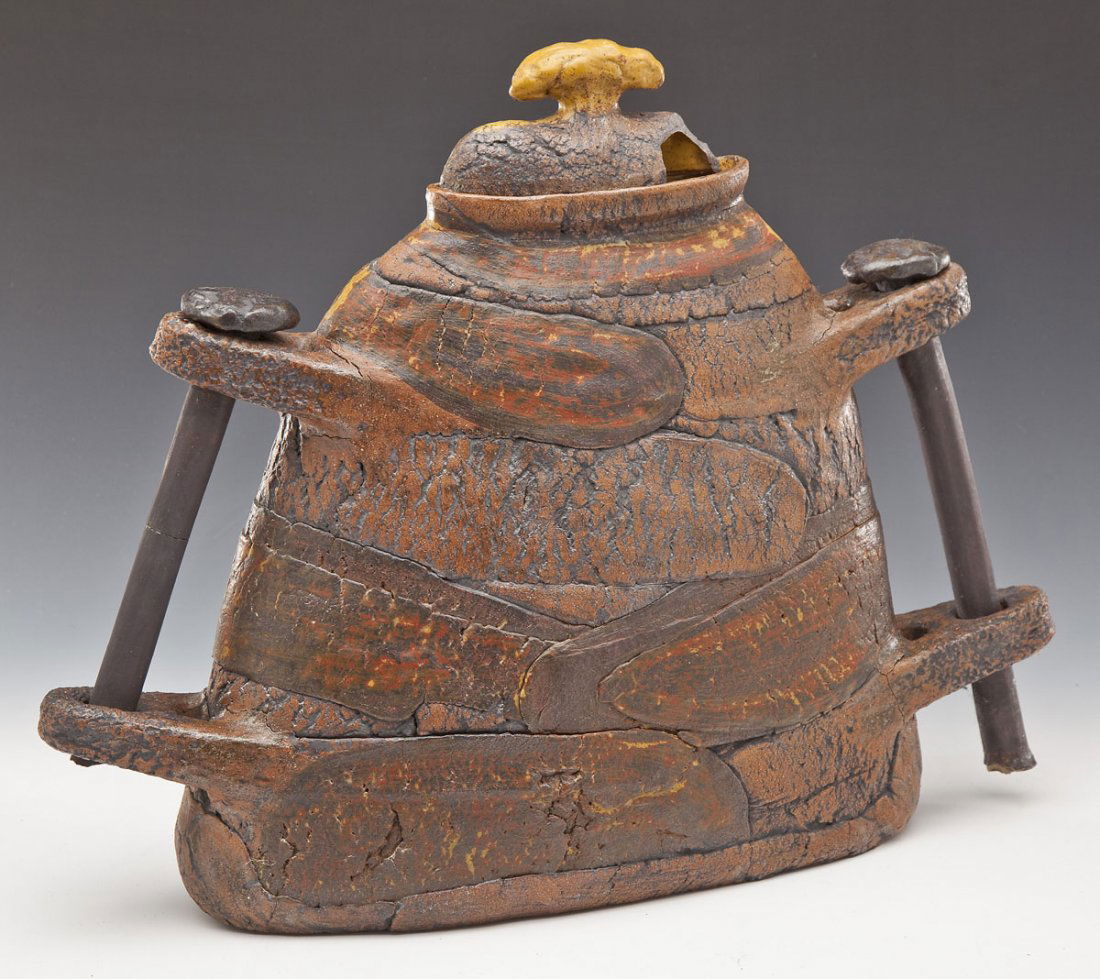 Florence Putterman (American, B. 1927): DESCRIPTION: Florence Putterman (American, B. 1927). Slab built double-handled vessel with handles shaped like hand-wrought nails. Unsigned. Florence Grace Putterman was awarded a National Endowment G