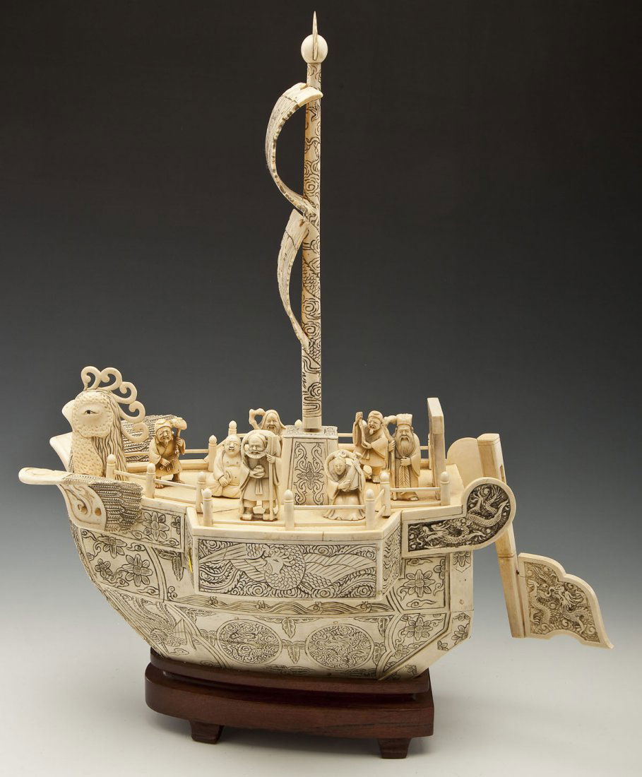 Carved Ivory Boat with Rooster (1 of 8)