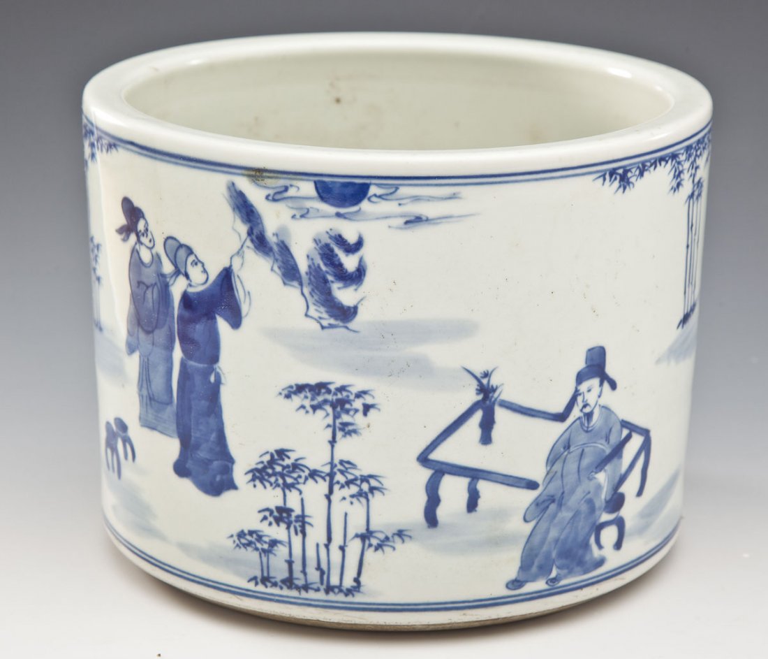 Chinese Blue and White Brush Pot with Figures: DESCRIPTION: Chinese blue and white brush pot with figures. MEASUREMENTS: 8-3/8" diameter x 6-3/8" tall. CONDITION: Abrasions and residue to surface. Minor wear to surface consistent with handling.
