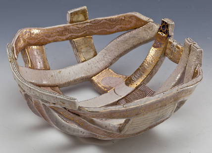 Richard DeVore (American, 1933-2006): DESCRIPTION: Richard DeVore (American, 1933-2006). Early experimental ceramic openwork bowl with multi-color and gilt glazes. PROVENANCE: Private collection. Acquired directly from the artist while De