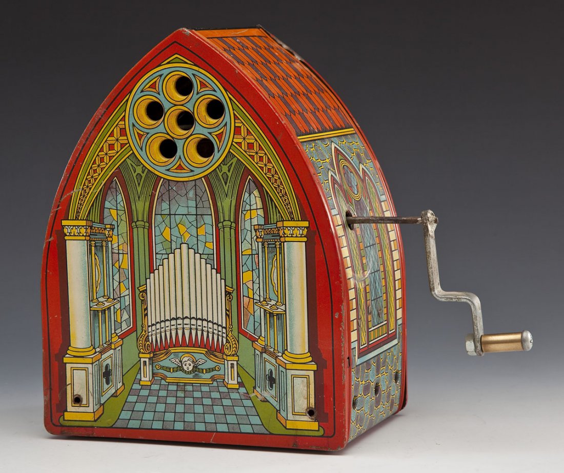 Chein Tin Litho Wind Up Church Organ: DESCRIPTION: Chein tin litho wind up church organ. Circa 1950s. In working condition. MEASUREMENTS: 7-1/2" wide x 9-1/2" high. CONDITION: Minor losses to paint, especially at corners. Some denting and