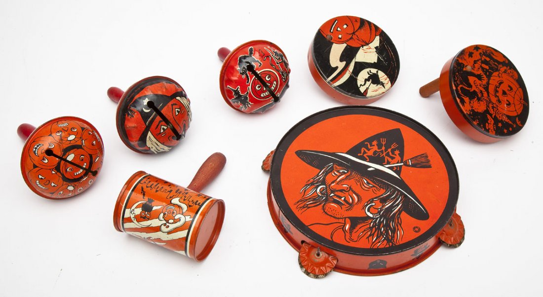 7 Tin Litho Halloween Noisemakers incl Conn (1 of 2)