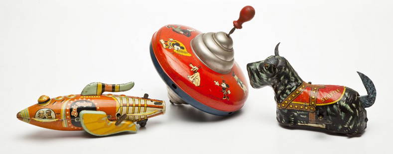 3 Tin Litho Toys incl Early Disney & Marx: DESCRIPTION: Three tin litho toys. Includes: 1) 1930's Mickey Mouse spinning top by Lackawanna Mfg. Co. distributed by George Borgfeldt. Top side depicts Mickey Mouse, Pluto, Minnie Mouse, Three