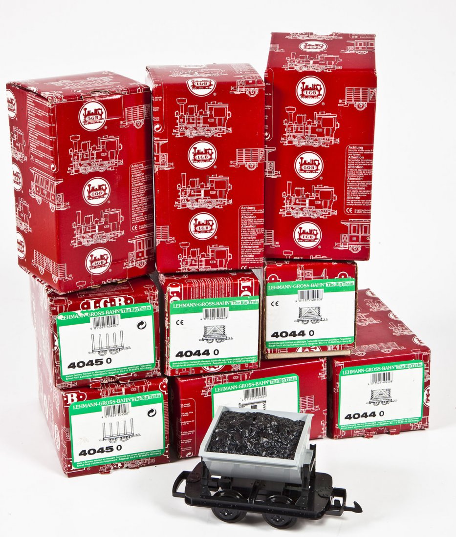 9 LGB G-Scale Cars: DESCRIPTION: Nine LGB G-Scale cars including three 4044O, three 41430, two 4045O, and 40480. CONDITION: Each appears unused in original box.