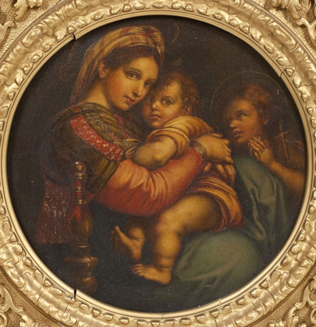 Oil on Canvas of Madonna and Child: DESCRIPTION: Oil on canvas of Madonna and child with infant John the Baptist. In highly ornate gesso frame. Unsigned. MEASUREMENTS: 11-1/4" x 11-1/4". Overall with frame: 22" x 25". CONDITION: Undulat