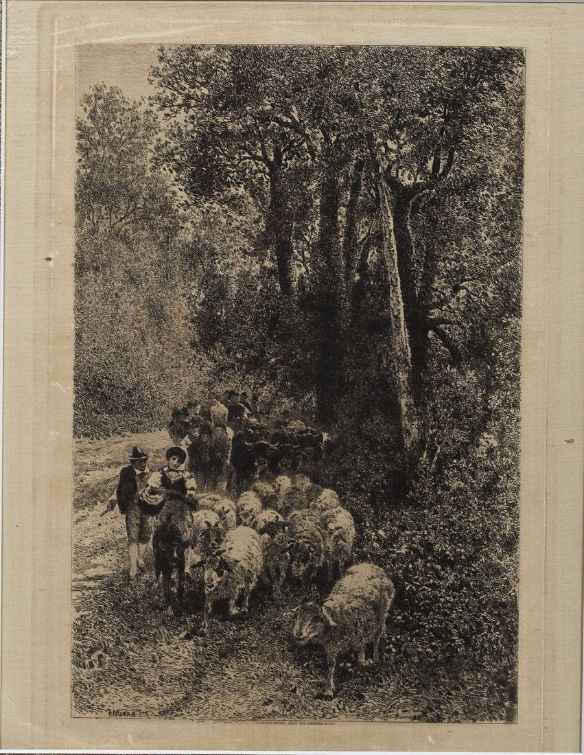 Peter Moran (Pennsylvania, 1841-1914): DESCRIPTION: Peter Moran (Pennsylvania, 1841-1914). Engraving on silk. "The Forest of Capodimonte". Decorative wooden frame with double mat. "P. Moran" in lower left corner. "Copyrighted 1887 by Gebbi