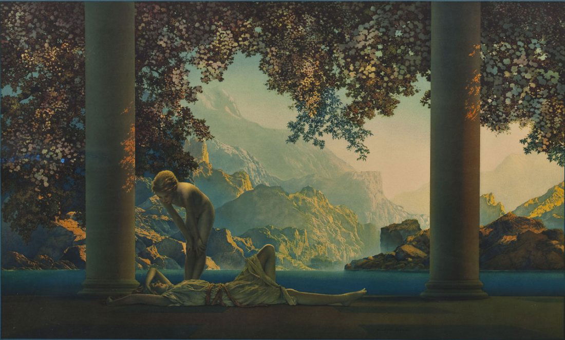 After Maxfield Parrish (American, 1870-1966): DESCRIPTION: After Maxfield Parrish (American, 1870-1966). Print entitled "Daybreak" in painted wooden frame. "N. 1932-Printed in U.S.A." in lower left corner. MEASUREMENTS: 34-1/4" x 22-3/8". Overall