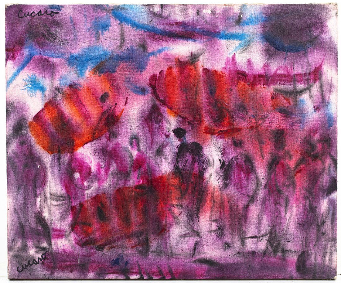 Pascal Cucaro (American, 1915-2004): DESCRIPTION: Pascal Cucaro (American, 1915-2004). Oil and watercolor on canvas. Depicts figures walking. Signed "Cucaro" at top and bottom. MEASUREMENTS: 24" X 20". CONDITION: Fraying and losses to ed