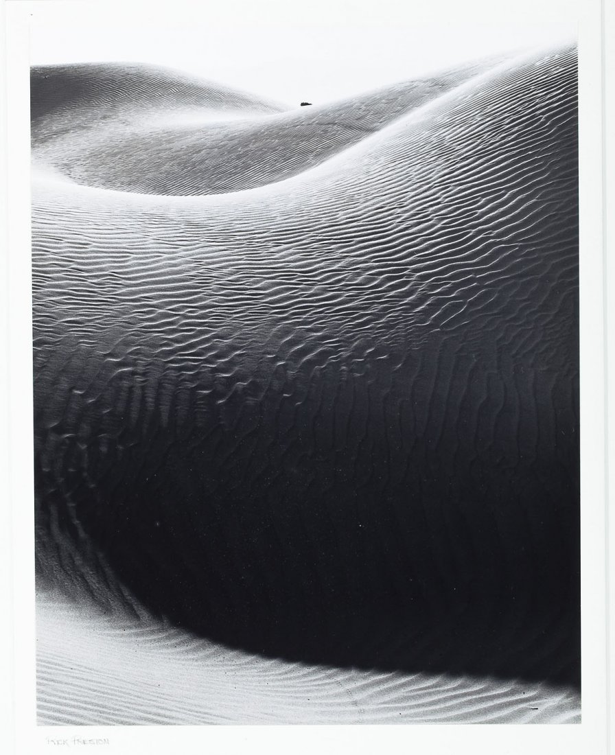 Rick Preston (American, 20th Century): DESCRIPTION: Rick Preston (American, 20th Century). Photographic print of a sand dune landscape in black and white. Framed with single mat. Signed "Rick Preston" in lower left. MEASUREMENTS: 10" x 13"