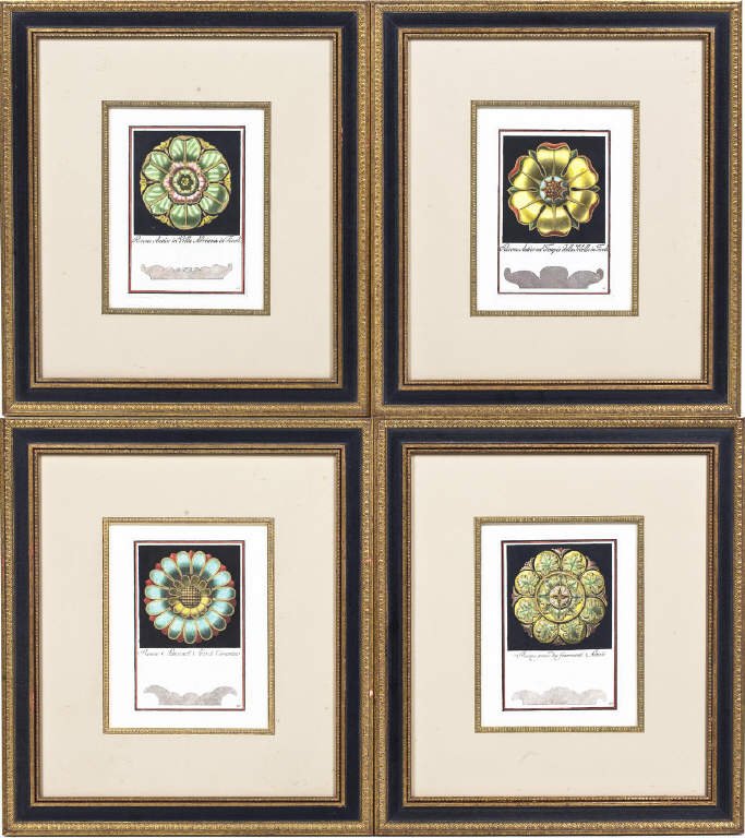 After Carlo Antonini (Italian, 1740-1821): DESCRIPTION: Carlo Antonini (Italian, 1740-1821). Four hand-colored engravings of architectural rosettes from throughout historic Italian buildings. Each depicts the profile and face view of the roset