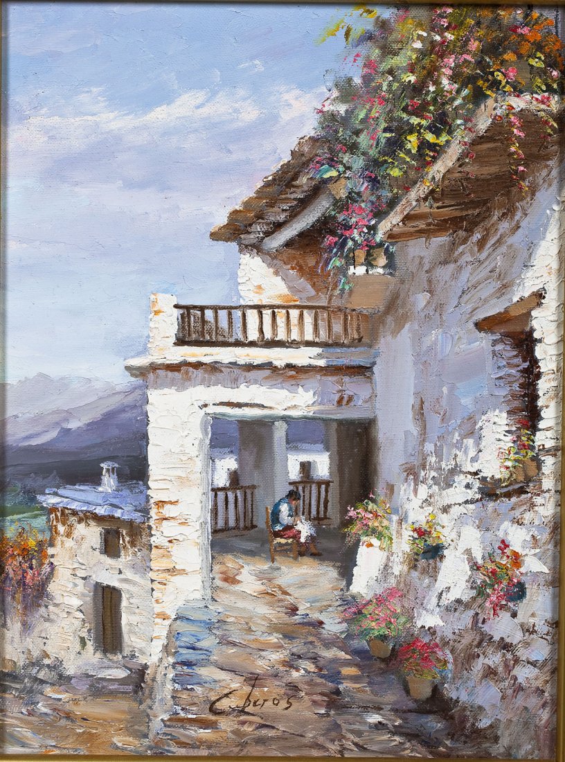 Manuel Cuberos (Spanish, B 1933): DESCRIPTION: Manuel Cuberos, (Spanish, B 1933). Oil on canvas of a women sewing on a porch. Sign Cuberos along lower edge. In gilt wooden frame with linen liner. MEASUREMENTS: 11-3/4" x 15-3/4". Overa