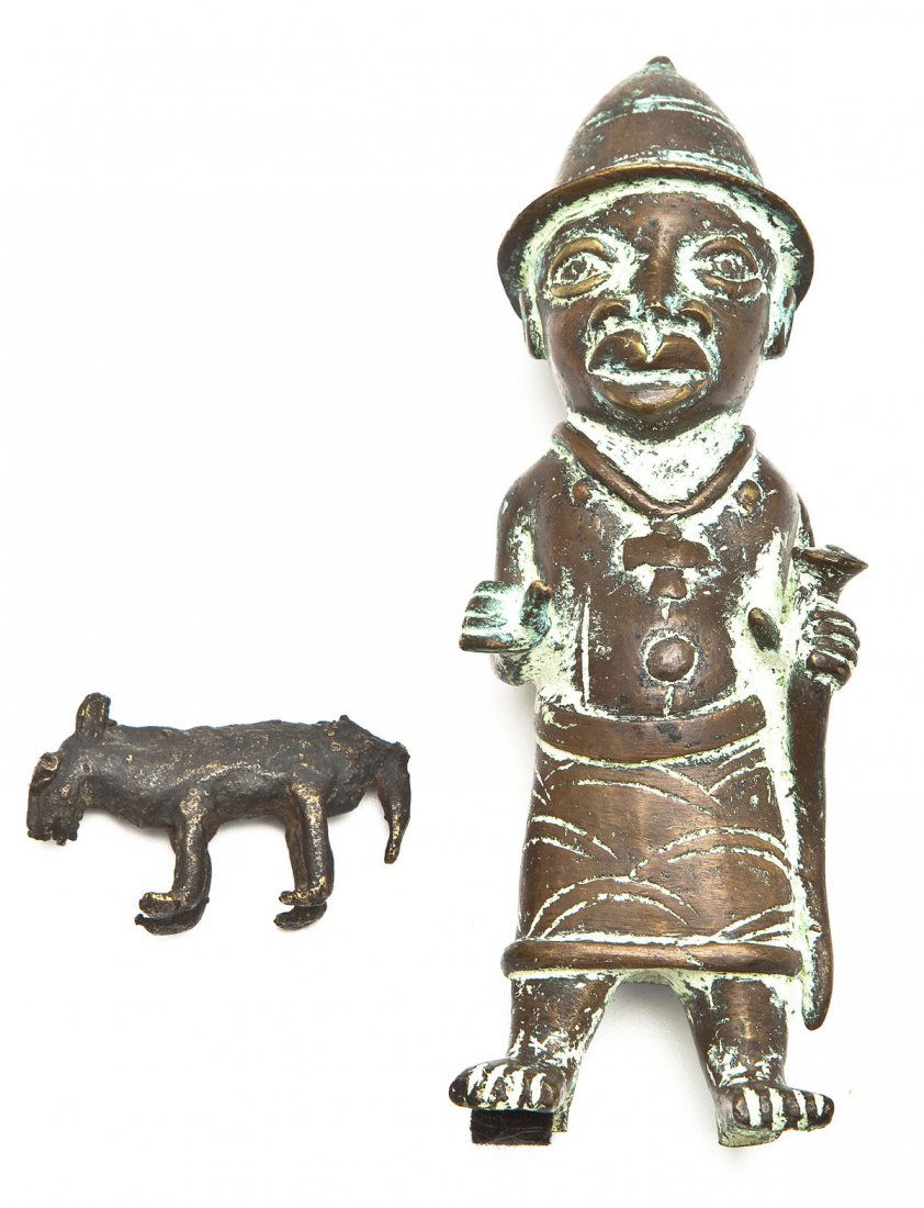 2 Benin Bronze Figures: DESCRIPTION: Two Benin bronze figures includes: 1) Animorphic weight for balancing scales. 2-3/4" x 1-1/2". Apparent roughness to surface. 2) King Op Yoruba statue. 7-3/4" tall x 2-1/2". Apparent oxid