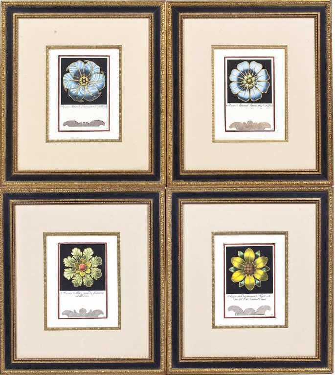 After Carlo Antonini (Italian, 1740-1821): DESCRIPTION: Carlo Antonini (Italian, 1740-1821). Four modern hand-colored engravings of architectural rosettes from throughout historic Italian buildings. Each depicts the profile and face view of th