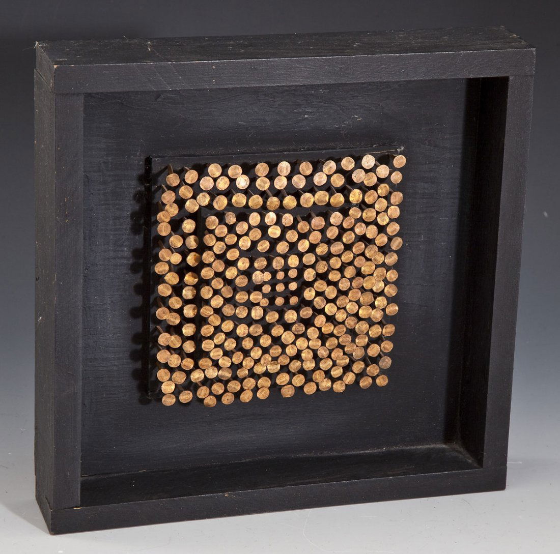 Ladislas Segy (American, 1904-1988): DESCRIPTION: Ladislas Segy (American, 1904-1988). Copper tack and wooden sculpture. "#509 Segy" on reverse in ink. PROVENANCE: Gift from Artist to Saul and Florence Putterman. From the Saul and Floren