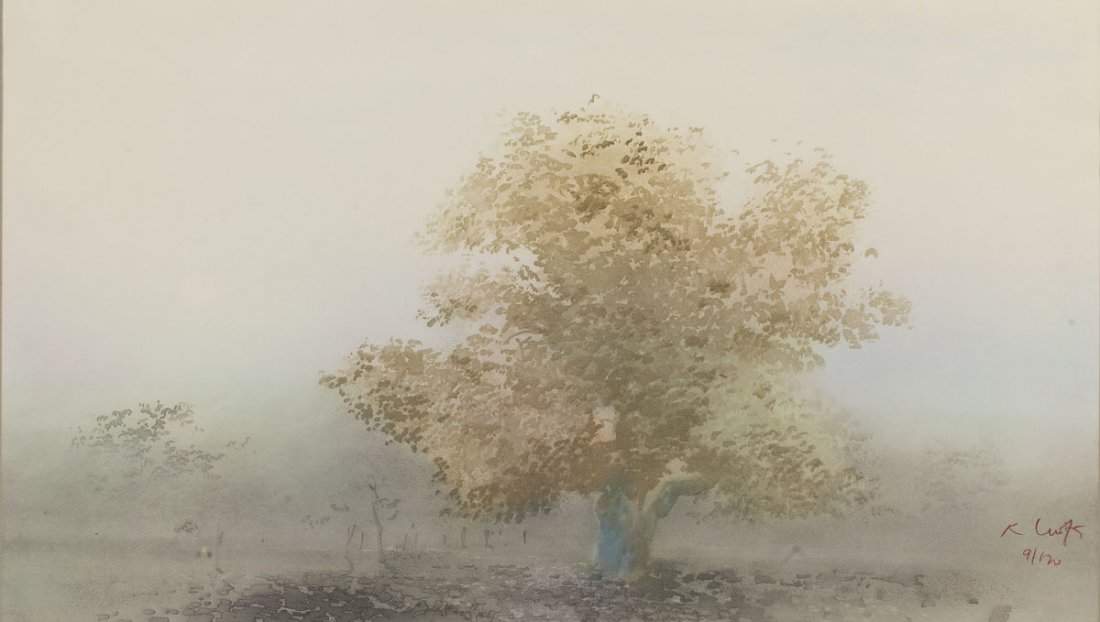 Kaiko Moti (Indian, 1921-1989): DESCRIPTION: Kaiko Moti (Indian, 1921-1989). Watercolor on paper of a misty landscape with a singular tree, entitled "Summer Afternoon". Signed "K. Moti 9/120" in lower right corner. In gold colored m