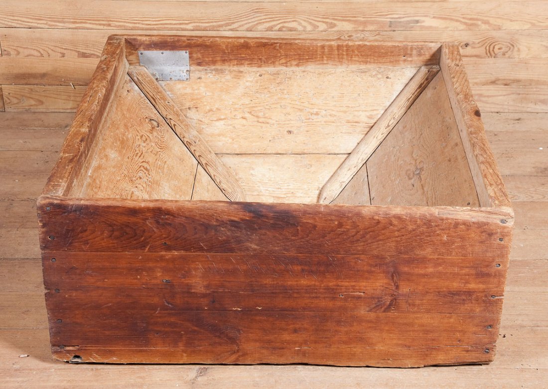 Mill Hopper: DESCRIPTION: Mill hopper. Pine with tin patch. MEASUREMENTS: 35" x 34-1/2" x 14-1/2" deep.