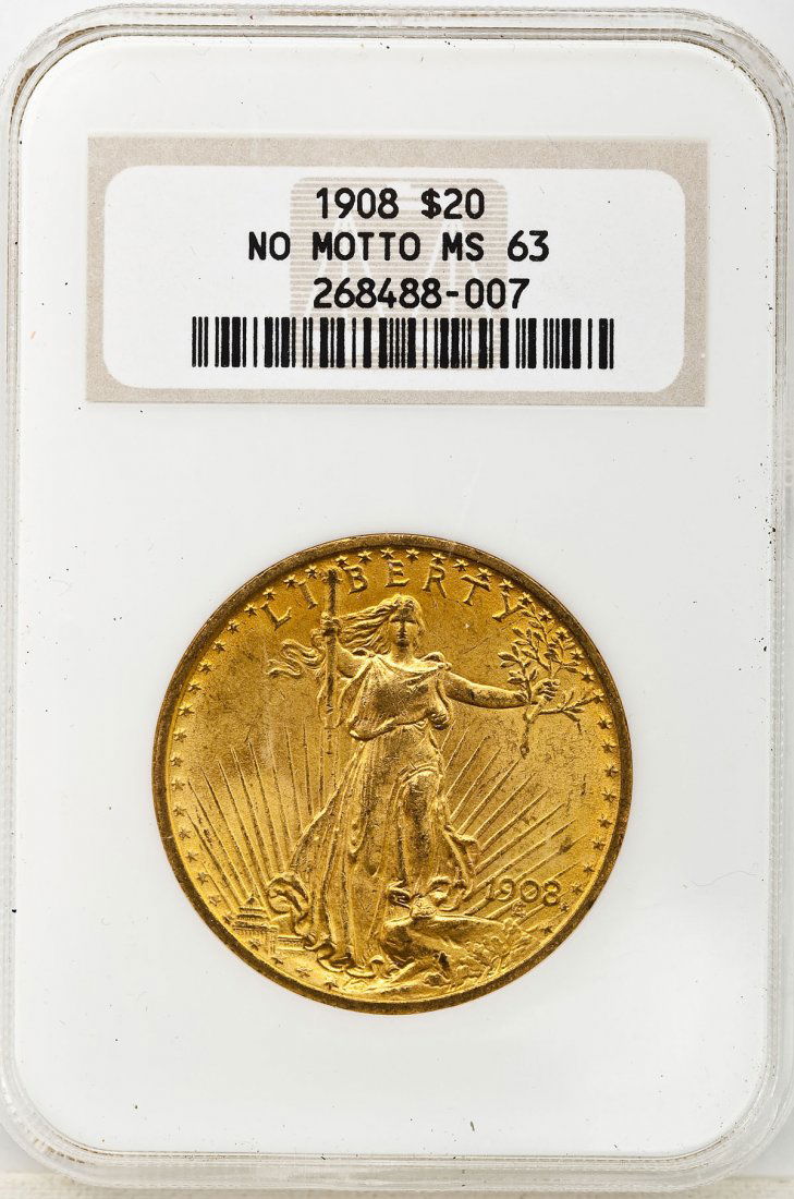 1908 $20 St. Gaudens Gold Double Eagle NGC MS63: DESCRIPTION: 1908 $20 St. Gaudens double eagle. CONDITION: NGC MS63.