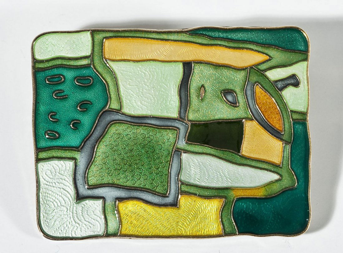 David Andersen Four Seasons Pin Summer: DESCRIPTION: David Andersen gold wash over sterling and enameled pin. "Summer" from the Four Seasons designed by Thorbjorn Lie-Jorgensen circa the 1950's. Hallmarked "D-A 925S Norway-Sterling" with sc