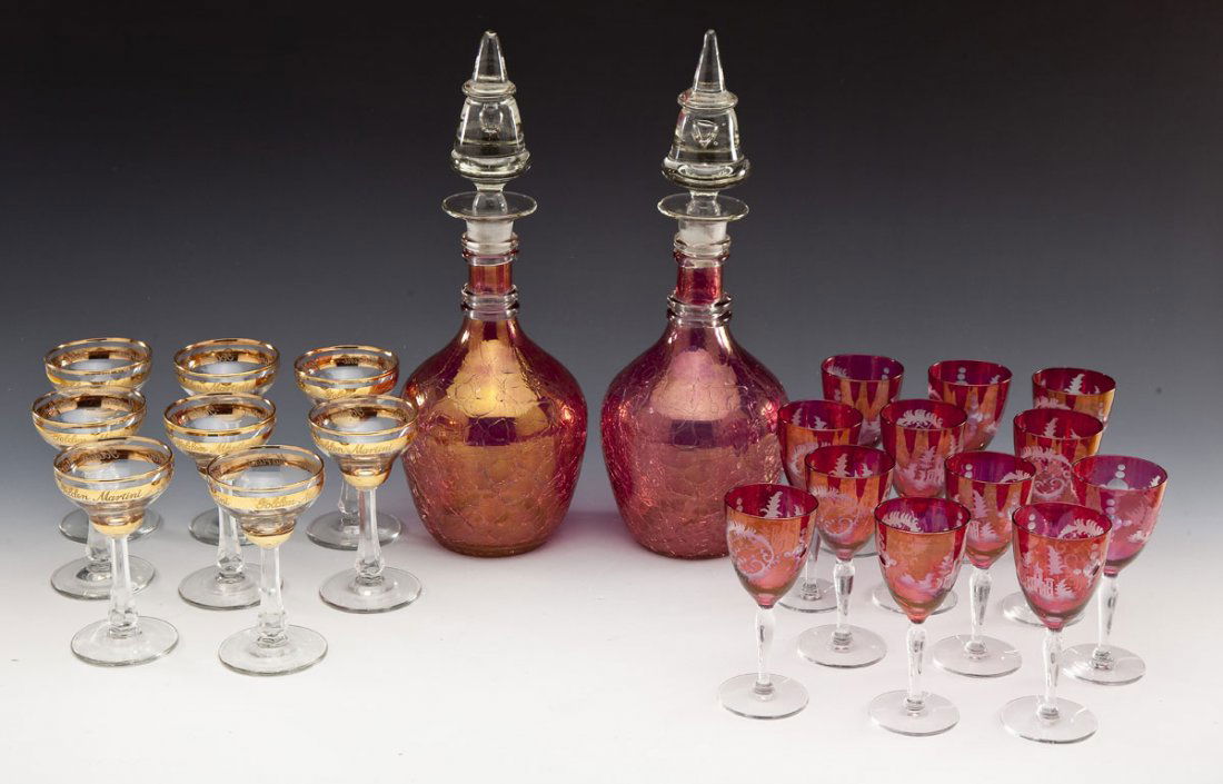 20 Pcs Glass Stemware & Two Cranberry Decanters (1 of 9)