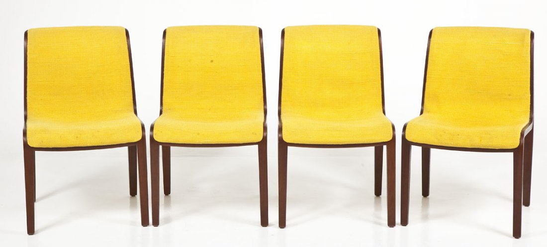 4 Bill Stephens for Knoll #1305 Chairs: DESCRIPTION: A set of four mid-century bentwood #1305 armchairs with original yellow upholstery. Bill Stephens for Knoll Furniture Company. The form consisting of a bentwood shaped back with straight