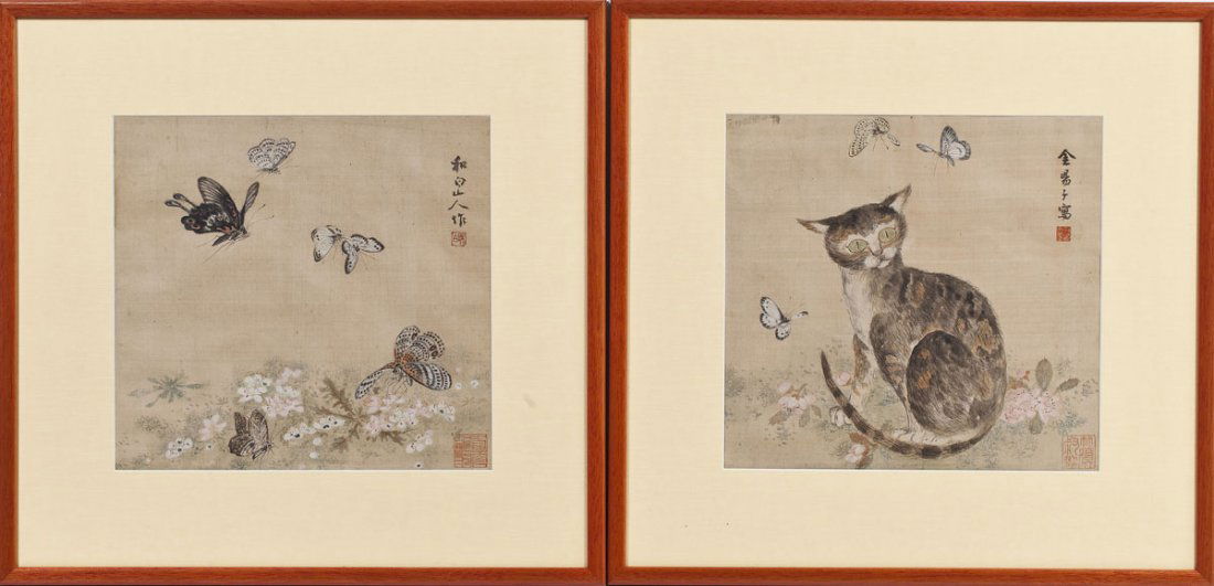 2 Qing Chinese Paintings on Silk Butterflies & Cat (1 of 7)
