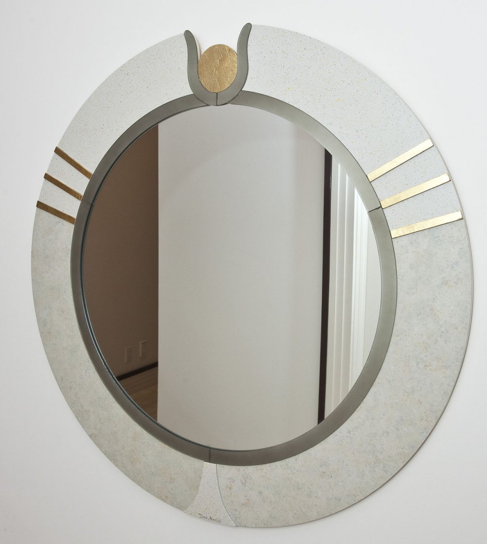 David Marshall Round Modern Mirror: DESCRIPTION: Modern round mirror signed "David Marshall" in white and gold frame. MEASUREMENTS: 36" diameter. CONDITION: No defects noted.