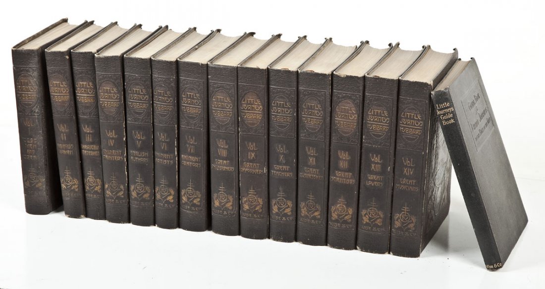 1916 Little Journeys by Elbert Hubbard 15 Volumes: DESCRIPTION: Little Journeys to Homes of the Great by Elbert Hubbard. Memorial edition, copyright 1916 by Roycrofters. Published by Wm. H. Wise & Co. of New York. Fourteen volumes include: 1) Good Men