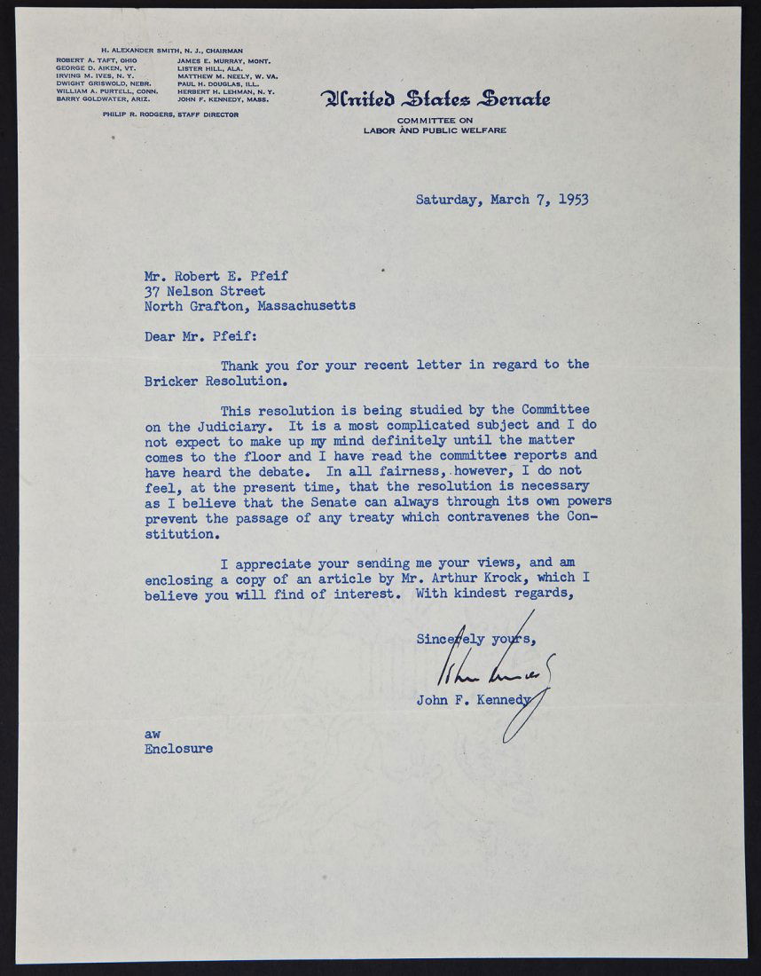 Senator John F. Kennedy Signed Letter (1 of 2)