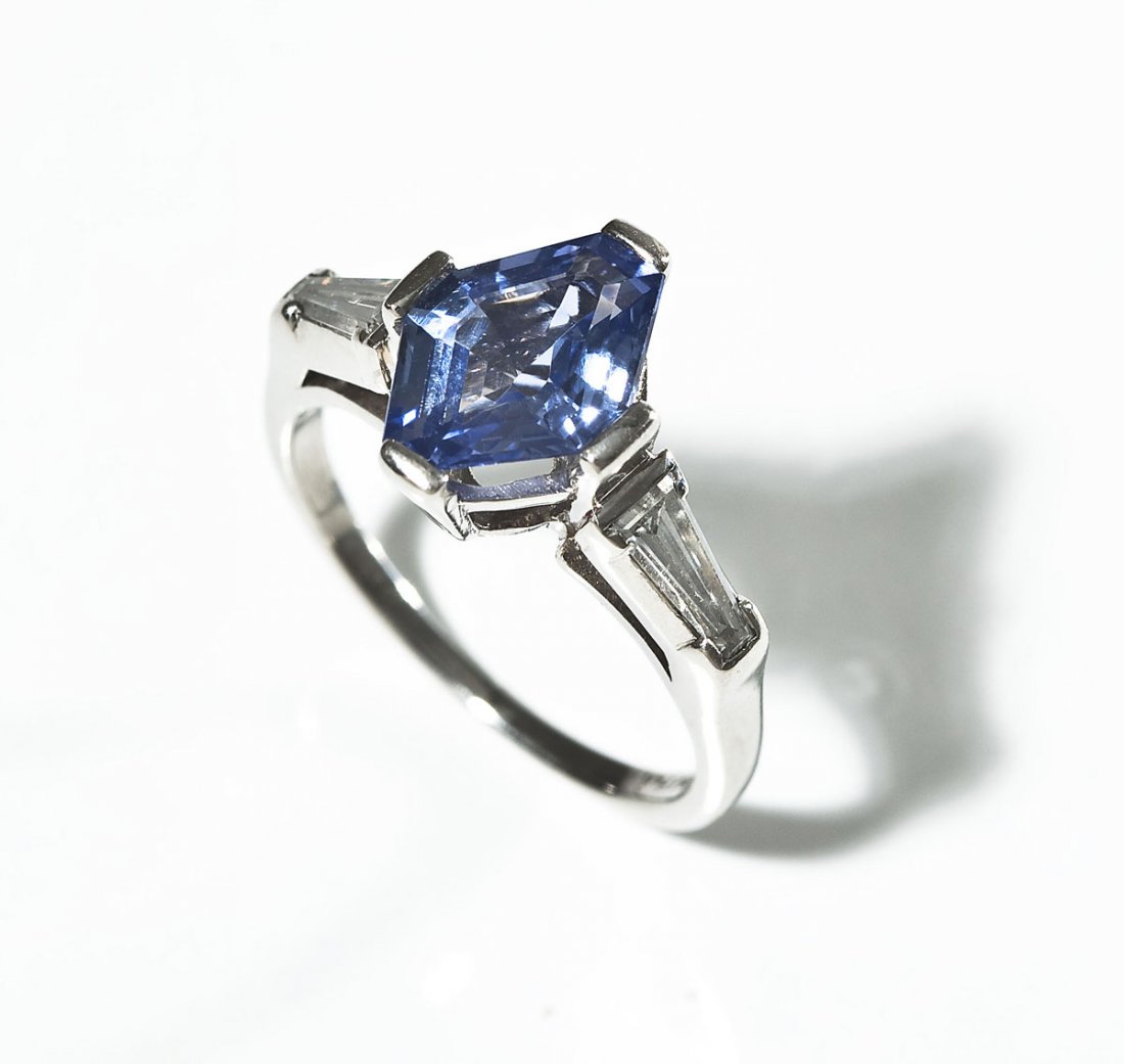 Platinum, Shield Cut Sapphire & Diamond Ring (1 of 4)