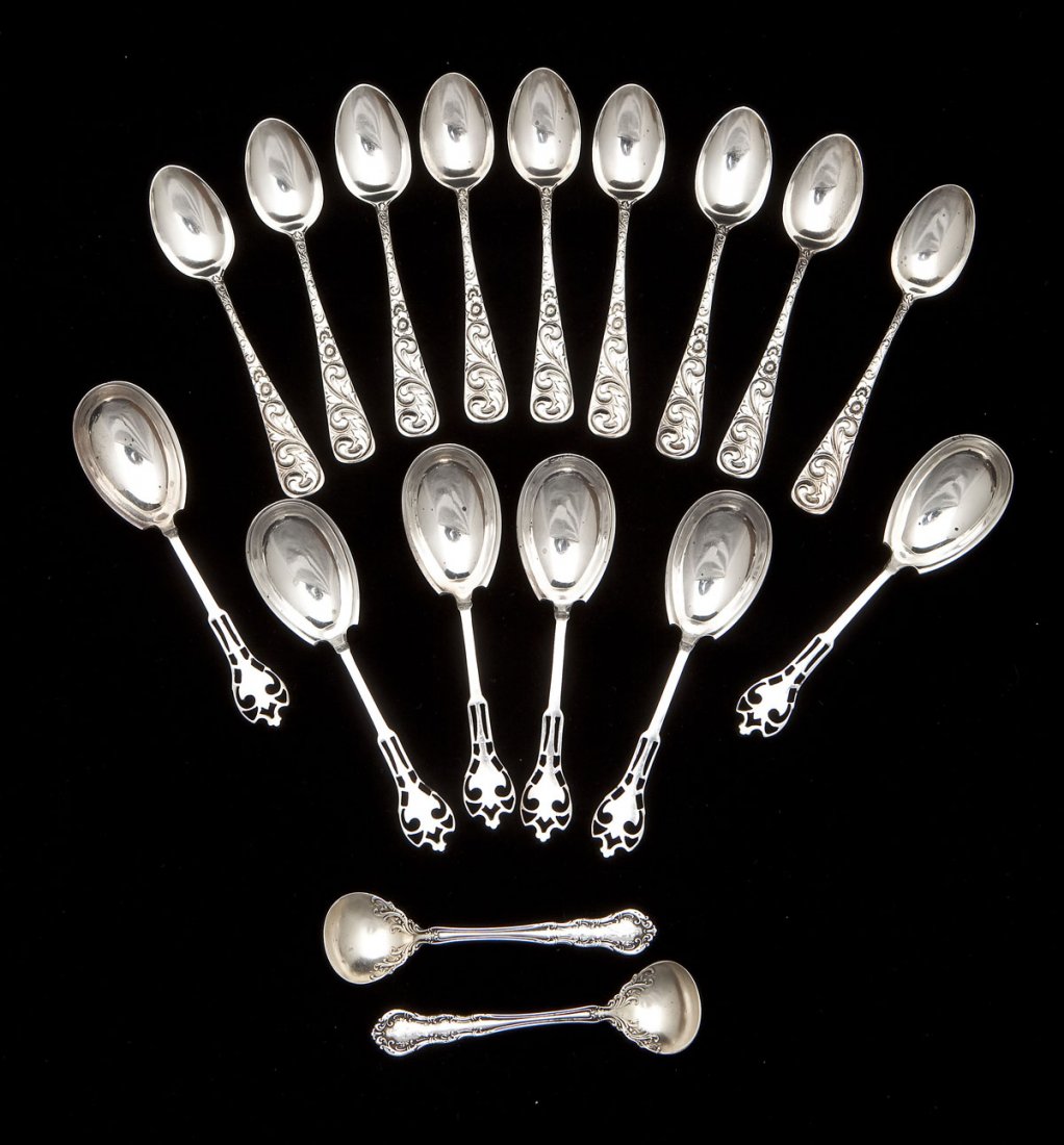 17 Sterling Demitasse Spoons: DESCRIPTION: Seventeen sterling demitasse spoons. Includes: Two R. Wallace & Son spoons. Marked "1890 [RW&S hallmark] STERLING" on reverse. Each 3-1/4" long. Six Watson spoons. Marked "[Crown "W" Lion
