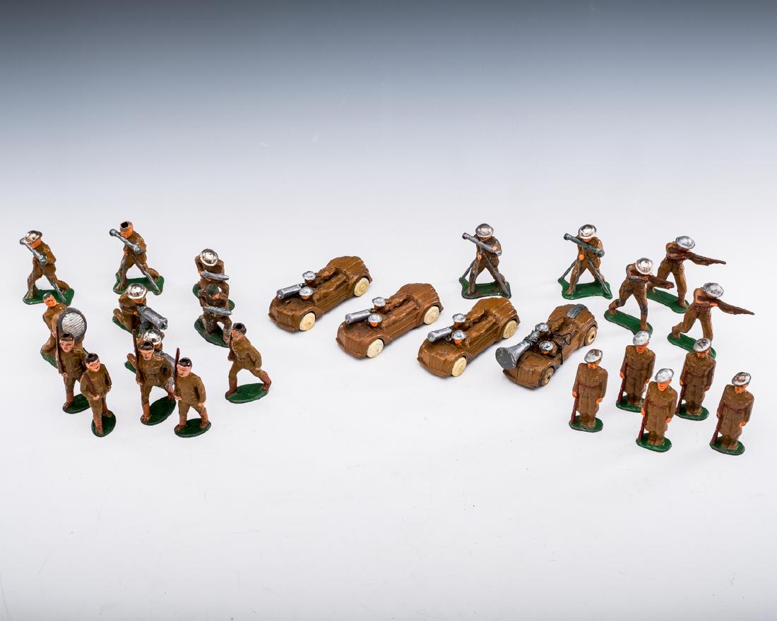 26 Barclay Cast Lead Soldiers & Vehicles: DESCRIPTION: Twenty-six Barclay cast lead soldiers. Includes: 1) Three vehicles with machine guns. 2) Four figures with tripods. 3) Two artilleryman. 4) Two machine gun operators. 5) Three snipers. 6)