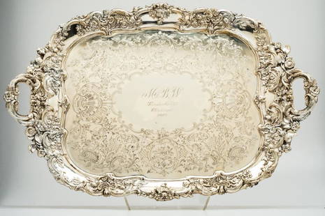 Massive Goldsmiths & Silversmiths Sterling Tray: DESCRIPTION: Massive Goldsmiths & Silversmiths Co., London sterling silver handled tray. Elaborately decorated overall with floral and foliate designs. Monogrammed "M.B.W." and engraved "Lindenhurst