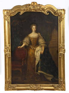 Life Size Portrait Queen Consort Marie Leszczynska: DESCRIPTION: Life size oil on canvas portrait of Queen Consort, Princess of Poland, Maria Karolina Zofia Felicja Leszczynska (1703 –1768) who married the French King Louis XV. Large and ornate gilde