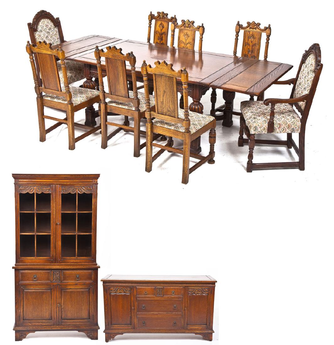 John Stuart Jacobean Revival Dining Room Set: DESCRIPTION: John Stuart Jacobean Revival dining room set. Made by John Stuart, Inc. of New York and Grand Rapids. Circa 1930. Includes: 1) Dining room table and six chairs. Trestle table with carved