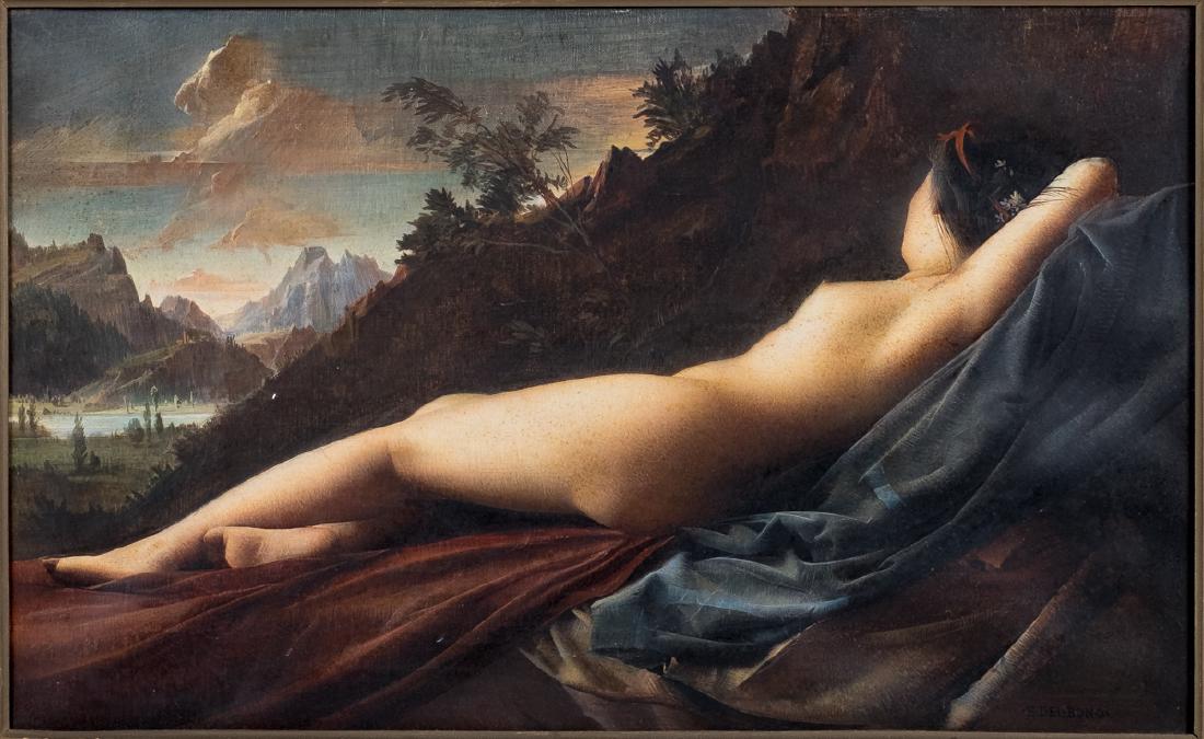 Enrico Del Bono (Italian, 1915 - 2006): DESCRIPTION: Enrico Del Bono (Italian, 1915 - 2006). Oil on canvas of a reclining nude. Signed in black to lower right. Wood frame. Label verso from Florence Art Gallery. MEASUREMENTS: 21-1/4" x 13". 