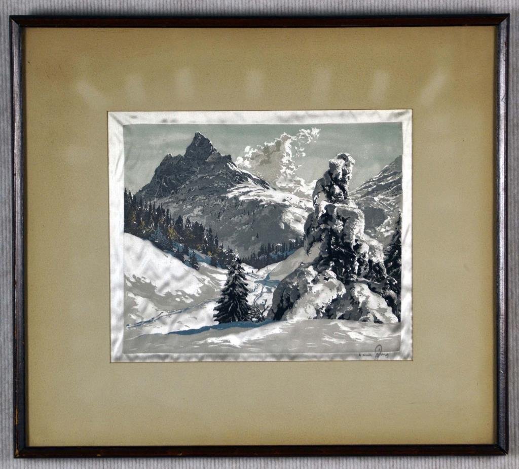 Hans Figura Hand Colored Etching on Silk: Titled "Patteriol, Arlberg" depicting snow covered mountain and trees, signed lower right Hans Figura ( 1898-1978) was a Austrian painter known landscape, cityscape, harbor, marine and etching, 9.5" H