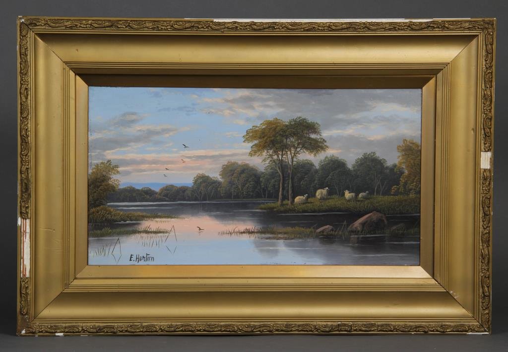 Etty Horton Oil Painting on Board: Depicting a landscape scene with sheep grazing by a lake, signed lower left "E. Horton" for British artist Etty Horton fluent from 1882 - 1905, measures 9.75"H x 17.75"W sight, 16.5"H x 24.75"W, circa
