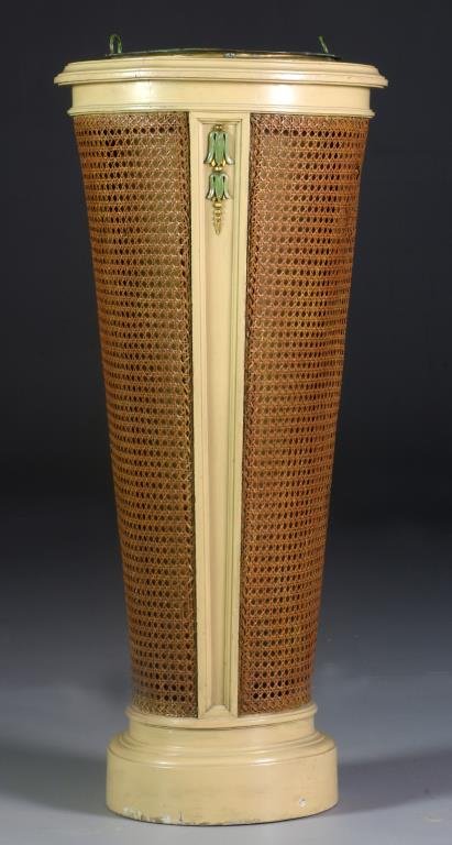 A Carved Wood & Cane Umbrella Stand: Having original metal insert, with carved and painted details and cane panels, raised on circular base, measures 31"H, top of stand is 14"Dia., circa early-mid 20th century. Condition: with areas of l