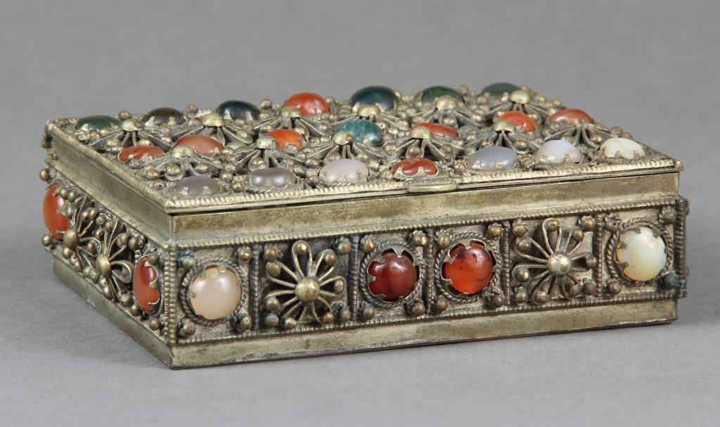 A Tibetan Jeweled Box: Having openwork filigree inlaid with agate, carnelian and jade, apparently unmarked, 5"W X 3.75"D X 1.625"H, circa late 19th/early 20th century.