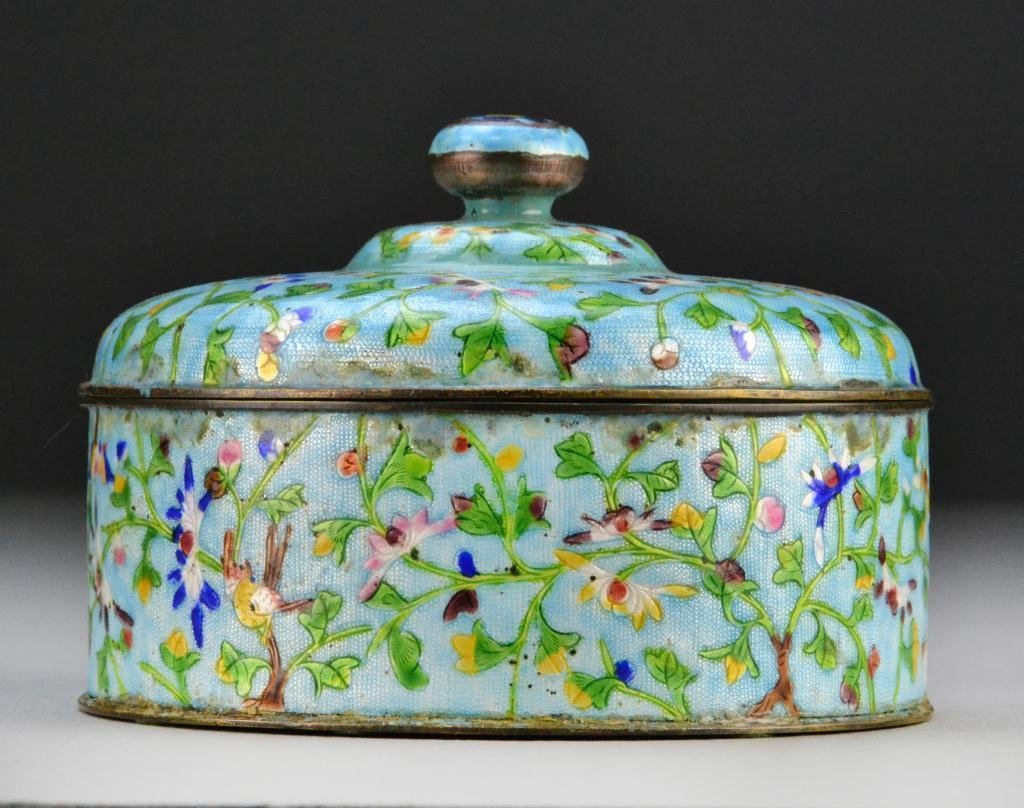 Chinese Silver & Enamel Covered Box: Finely enameled to depict lotus blossoms, scrolling tendrils, and birds against a robin's egg blue ground, 4.5"H X 6.25"D, circa Republic Period or later. Important Grosse Pointe Shores Michigan Colle