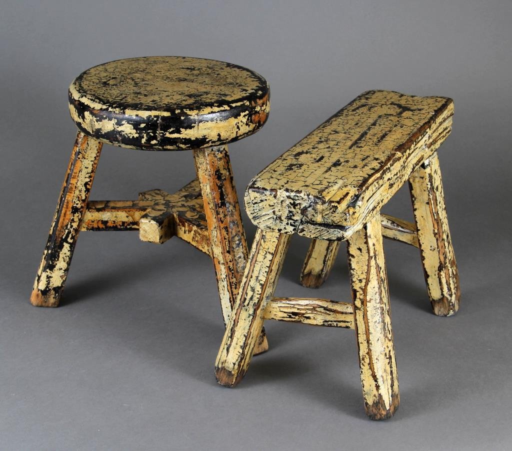 (2) Chinese Painted Stools: Each painted in mustard yellow, each having remnants of wax export seal to underside, one measures 9.5"H, the other measures 12.5"H, both circa 19th/20th century.