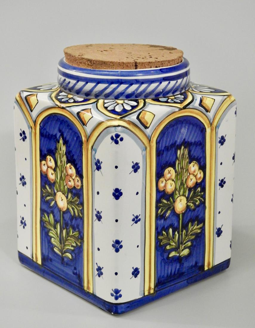 Italian Kitchen Canister Hand Painted Majolica Pottery: Italian Kitchen Canister Hand Painted Majolica Pottery Approximately 5 3/8 x 5 3/8 x 7 Â¼ inches. This lot is part of the inventory from a closed antique store, which we will be auctioning during th