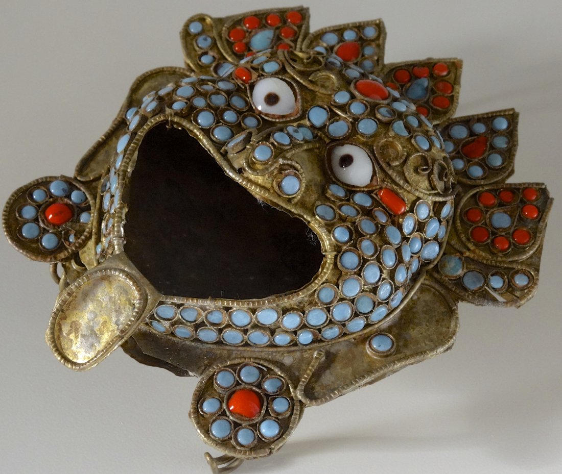 Tibetan Jeweled Buddhist Demon Mask Ashtray: Tibetan Jeweled Buddhist Demon Mask Ashtray Approximately 7 7/8 x 4 3/8 inches.