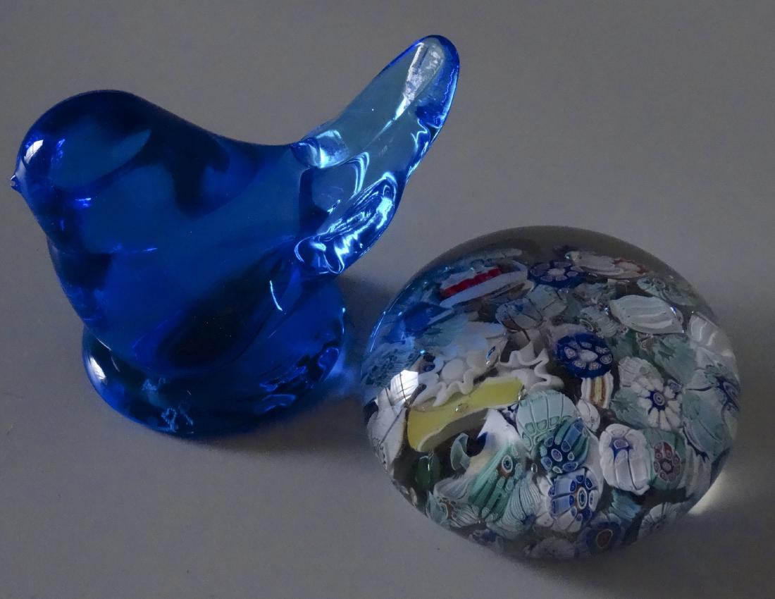Millefiori and Blue Bird of Happiness Vintage Art Glass: Millefiori and Blue Bird of Happiness Vintage Art Glass Paperweight Lot of 2 Approximately 2 13 /16â€ in diameter and bird is approximately 2 Â½â€ tall.
