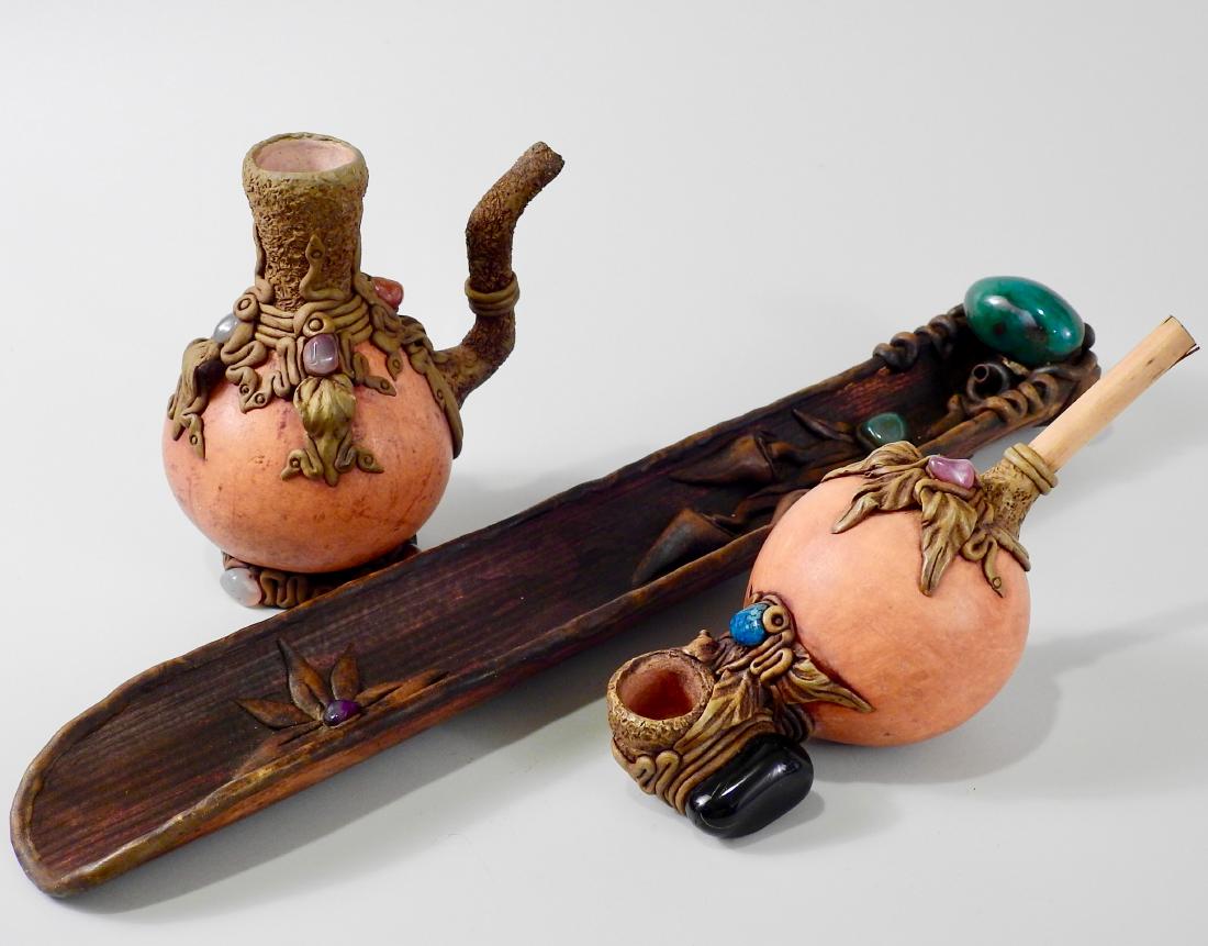 Lot of 3 Meditation Stone Encrusted Pipe Incense Burner: Lot of 3 Meditation Stone Encrusted Pipe Incense Burner Vase Hand Made Never Used Incense burner 13 3/8 inches; pipes 6 Â¼ inches and 4 Â½ inches tall.
