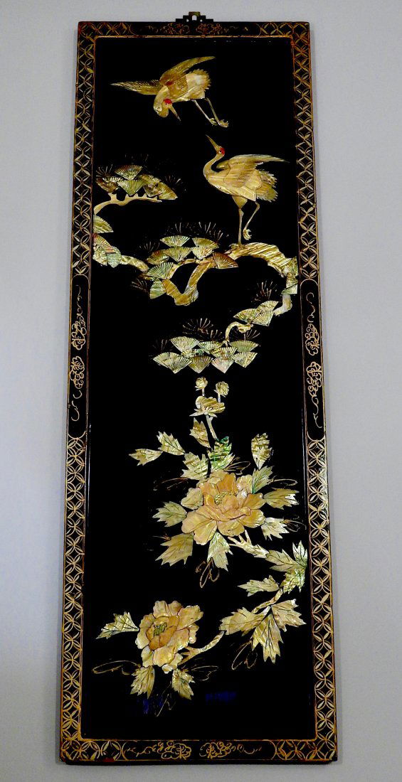 Vintage Oriental Crane Mother of Pearl Carved Panel Wal (1 of 8)