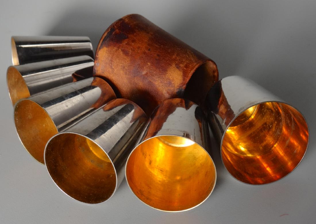 German Gilded Nested Shot Glass Graduated Set Leather (1 of 8)
