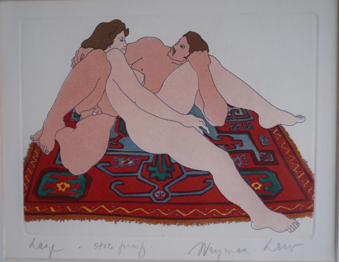 Weyman Lew Reclining Nudes Mid Century State Proof: Weyman Lew Reclining Nudes Mid Century State Proof Print Artist Signed Laze Approximately 17 3/8 x 16 3/8 inches framed. Actual image is approximately 8 13/16 x 6 15/16 inches.