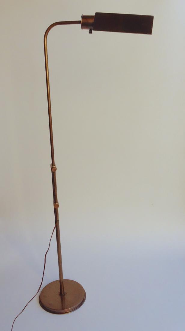 Frederick Cooper Mid Century Reading Lamp Dimmer: Frederick Cooper Mid Century Reading Lamp Dimmer Adjustable Vintage Patina Brass Pharmacy style brass floor lamp with triangular shade by Frederick Cooper, original label, dimmer on / fading /off. Adj