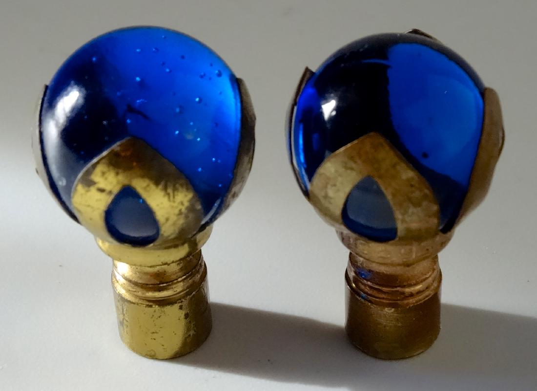 Vintage Witch Ball Cobalt Glass Lamp Shade Finials Pair: Vintage Witch Ball Cobalt Glass Lamp Shade Finials Pair Patented Brass Mounts Lot of 2 Finials Part of a large collection of unique and unusual lamp finials which we will be auctioning in November, pl